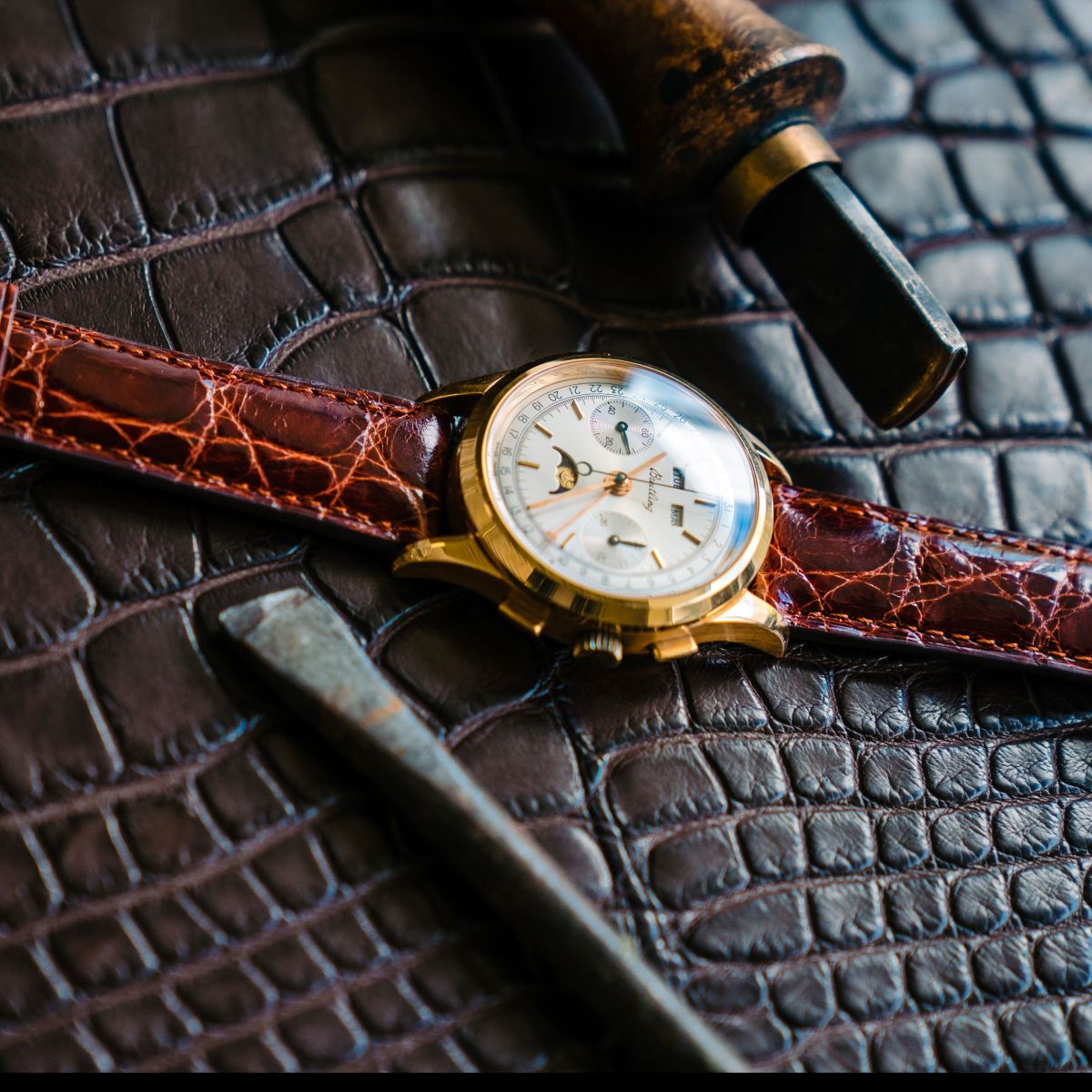 Croco Glossy Cognac Handmade leather watch straps LIC Leather